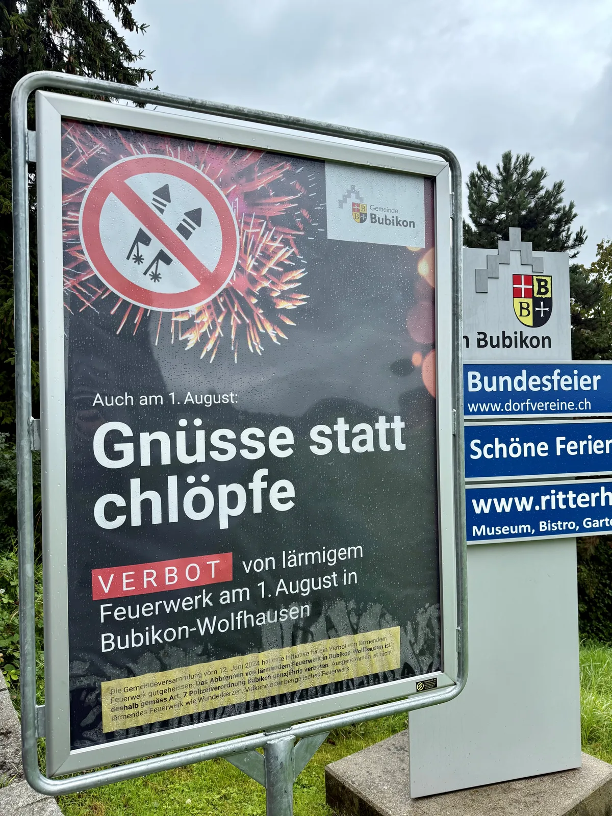 Ein Plakat für das Feuerwerksverbot. «Gnüsse statt chlöpfe» steht darauf.